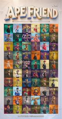 A "APE FRIEND" collection poster showcasing a 6x6 grid of colorful personalized ape cards, celebrating the completion of 1,000 custom-made collectibles for members of the Bored Ape community.