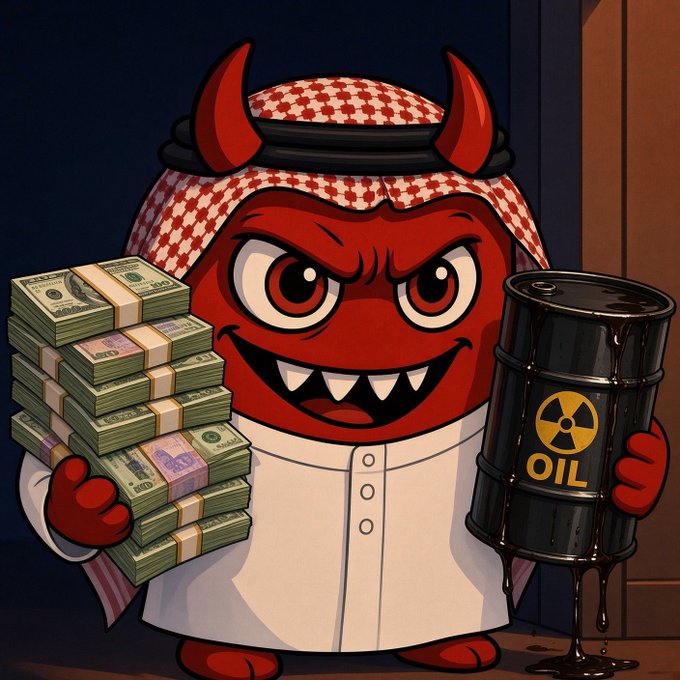A cartoon red devil character wearing a keffiyeh and white thobe holds stacks of cash in one hand and an oil drum marked with a radiation symbol and the word 'OIL' in the other.