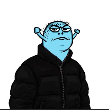 A cartoon illustration of a blue-skinned character with stitched scars on his head, wearing a black puffer jacket against a white background.