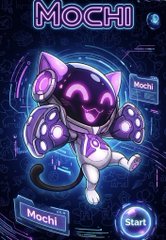 A mobile game screen features the character "MOCHI" - a cute, dark-purple robotic cat-like creature with glowing pink eyes and ears, set against a blue digital background with "Start" and "Mochi" buttons.