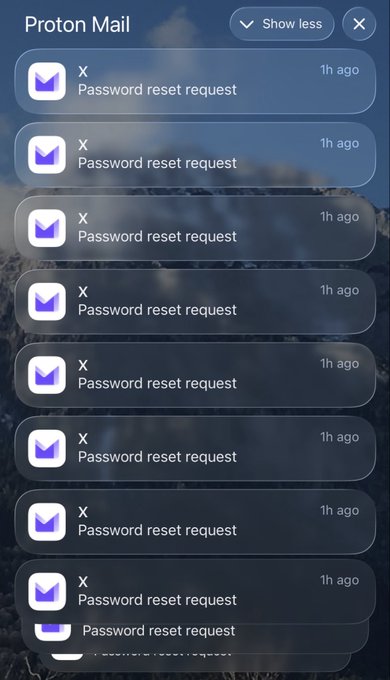 A smartphone notification panel displays multiple Proton Mail alerts, all from the same sender "X" with the subject "Password reset request," each timestamped "1h ago." The image visually supports the post's boast about thwarting a hack attempt, as the repeated password reset requests suggest someone kept trying—unsuccessfully—to access the account protected by hardware-based 2FA.