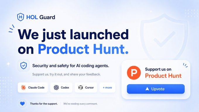 A promotional graphic for HOL Guard's Product Hunt launch, featuring a shield logo with a checkmark, the headline "We just launched on Product Hunt," and logos for compatible AI coding tools like Claude Code, Codex, and Cursor, alongside an orange "Support us on Product Hunt" upvote button.