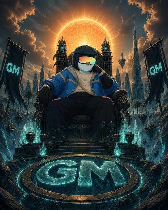 A fantasy digital artwork depicting an anime-style figure with rainbow goggles sitting on a throne flanked by banners labeled 'GM', with a large 'GM' emblem on the floor and a glowing sun in the background.