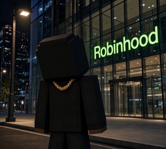 A blocky, low-poly character wearing a gold chain stands in front of a glass building illuminated by a glowing green 'Robinhood' sign at night.