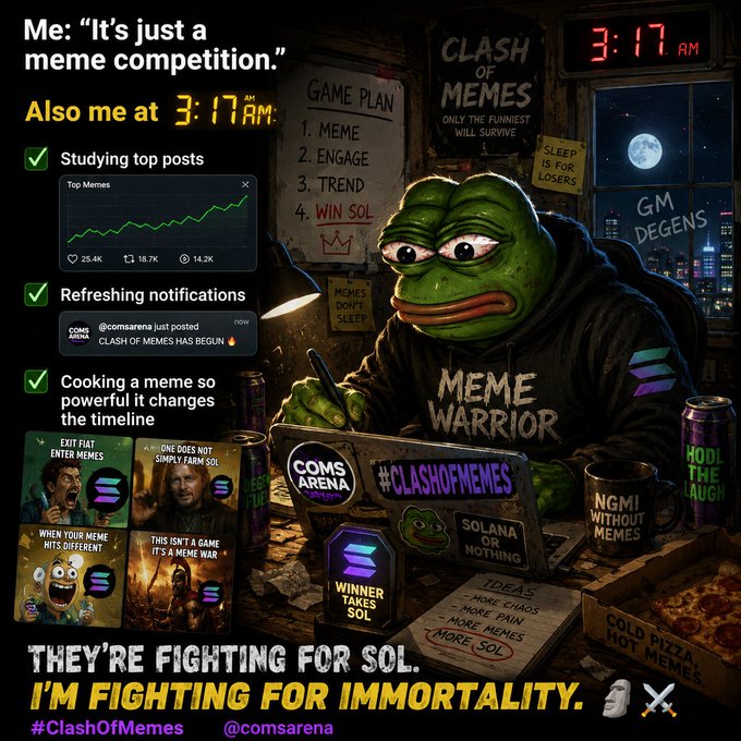 The image features a cartoon frog wearing a black hoodie, sitting at a desk with a laptop open in front of him. The background includes a city skyline and a clock showing 3:17 AM. The caption reads "Me: It's just a meme competition." Also written on the image is "I'm fighting for immortality."