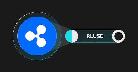 The image features a blue circle with a white "RLUSD" logo inside of it. The background is black, making the blue circle stand out prominently. Below the circle, there's a line that reads "RLUSD". This design suggests that the image might be related to cryptocurrency or digital currency in some way.