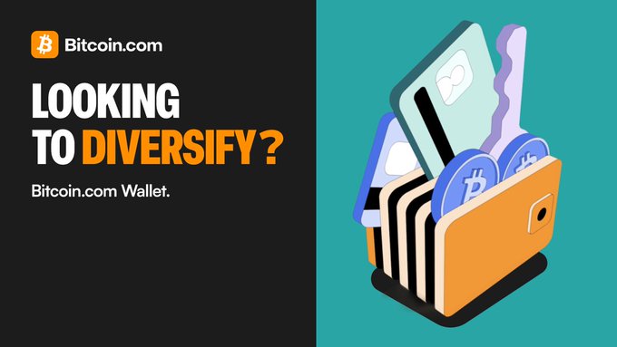 A Bitcoin.com Wallet promotional banner asking 'LOOKING TO DIVERSIFY?' with an illustration of a wallet containing various cryptocurrency cards including Bitcoin and Ethereum logos.