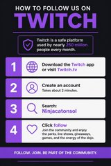 An infographic titled 'HOW TO FOLLOW US ON TWITCH' outlines four steps: download the Twitch app, create an account, search 'Ninjacatsoul', and click follow to join the community.