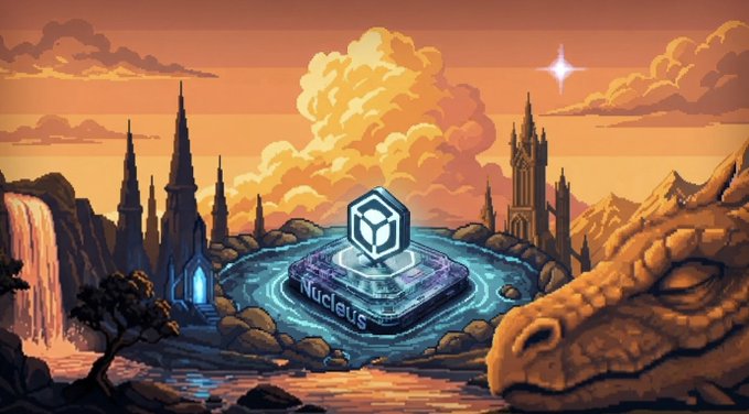A pixel art landscape featuring the "Nucleus" platform logo on a stone pedestal surrounded by water, with gothic spires and a dragon head visible against a sunset sky.