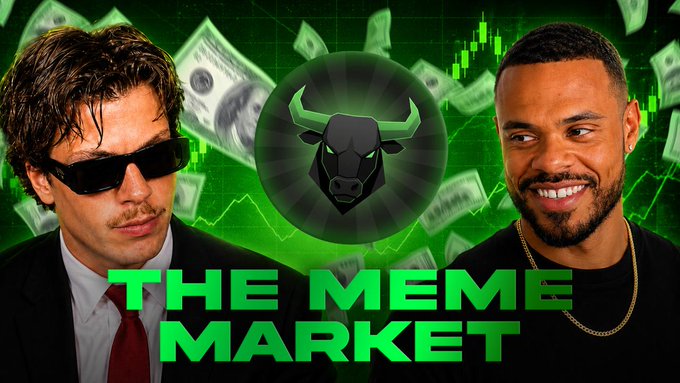 Two men pose on either side of a green bull logo with the bold text "THE MEME MARKET" displayed below, promoting a live $200 giveaway in $ANSEM coin. The image visually announces the return of the crypto talk show hosted by Dom Woods and featuring Ansem, with falling money and a stock chart in the background emphasizing the meme coin theme.