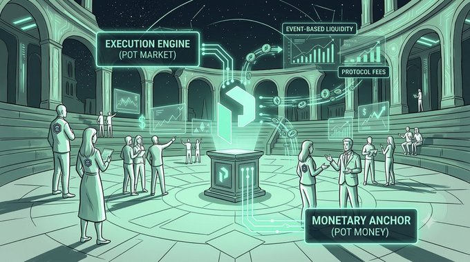 A stylized green-tinted digital illustration shows a futuristic amphitheater with figures gathered around a central pedestal displaying an 'S' logo, labeled with terms like 'EXECUTION ENGINE (POT MARKET),' 'EVENT-BASED LIQUIDITY,' 'PROTOCOL FEES,' and 'MONETARY ANCHOR (POT MONEY).'