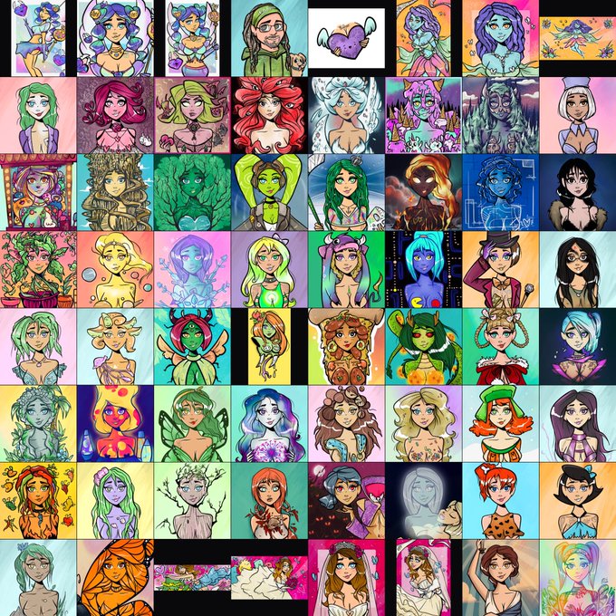 A grid collage of dozens of colorful fantasy-themed female character portraits featuring various designs including fairies, witches, goddesses, and nature spirits in diverse artistic styles.