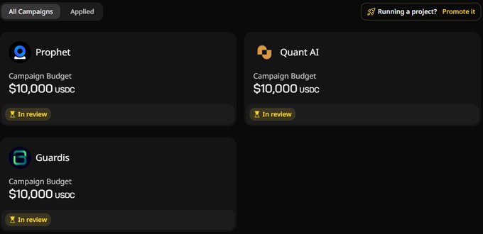 The image shows a screenshot of an Instagram post with four boxes displaying different campaign names. The first box has "Guardians" at the top left corner followed by the second text that says "$10,000 budget US". The third box is labeled "Campaign Budget $100,000". Finally, the fourth box contains the title "Quant AI" and a list of numbers beneath it. In the post caption, there is a statement about an account running campaigns on Instagram but not selected to run them yet. It also mentions that @wallchain's signal should be focused on, indicating better quality content or users in this case would likely have higher engagement and reach.