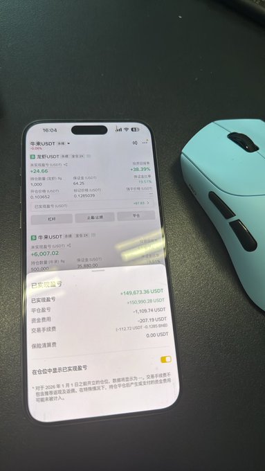 A smartphone screen displaying a cryptocurrency trading app in Chinese, showing USDT balance changes (+149,673.36 USDT) next to a light blue computer mouse on a dark desk.