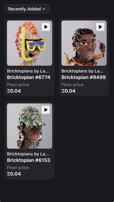A mobile app showing a "Recently Added" section featuring three NFT items from the "Bricktopians by La..." collection (#6774, #9499, #6153), each with a floor price of Ξ0.04.