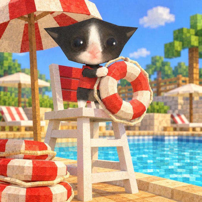 A whimsical, low-poly 3D rendering shows a stylized black and white cat wearing a red outfit, holding a red and white striped life preserver while sitting on a lifeguard chair by a pixelated pool.
