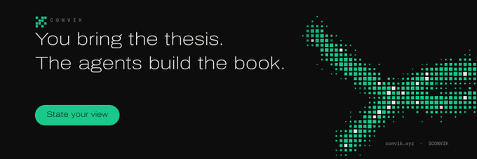 A dark promotional image for Convik featuring the tagline "You bring the thesis. The agents build the book." alongside a green pixelated arrow graphic and a "State your view" call-to-action button, with the URL "convik.xyz" displayed—visually reinforcing the post's message about Convik's differentiated approach in a crowded market.