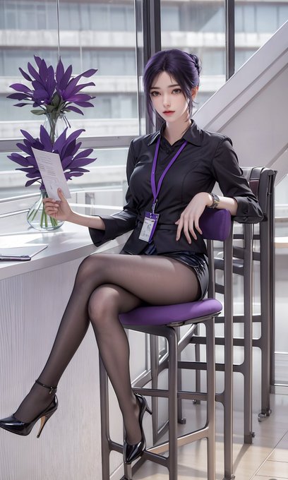 An anime-style illustration of a dark-haired woman in a black blouse and skirt with sheer tights, seated on a chair while holding a paper, with a purple flower arrangement on the desk beside her.