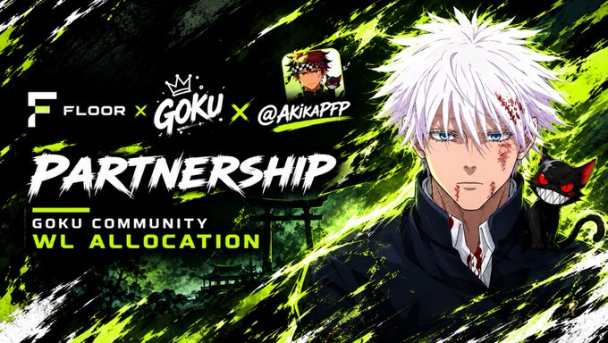 Promotional banner announcing a partnership between Floor and Goku Community (@AKIKAPFP) for WL allocation, featuring an anime character with white hair and a small black demon on his shoulder against a green splash background.
