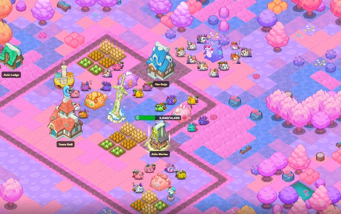 A colorful, candy-themed mobile strategy game featuring pink and purple landscapes with buildings labeled 'Auto Lodge', 'Swan Hall', 'The Dojo', and 'Atlas Shrine'.
