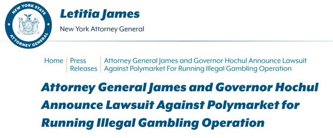A news header from the New York Attorney General Letitia James's office announcing a lawsuit against Polymarket for running an illegal gambling operation, alongside Governor Hochul.
