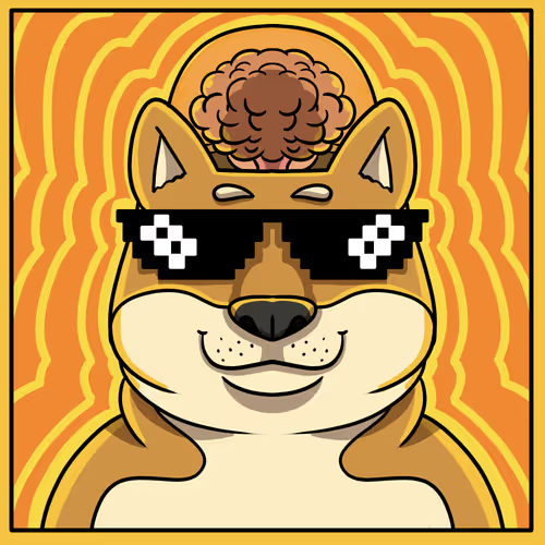 A cartoon illustration of a smiling Shiba Inu dog wearing pixelated 'deal with it' sunglasses, with an exposed brain visible through its transparent head, set against a wavy orange and yellow background.