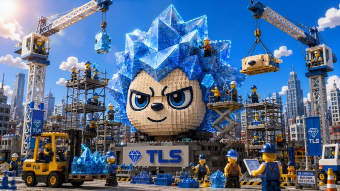 Lego-style 3D rendering of construction workers in hard hats building a large crystal-headed character (mascot) with cranes and forklifts branded 'TLS', with a city skyline in the background and signage reading 'THE FUTURE'.