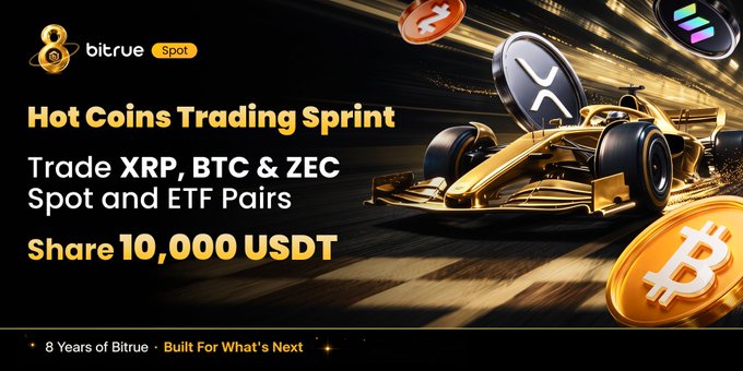 Bitrue's "Hot Coins Trading Sprint" promotional image featuring a golden Formula 1 race car speeding alongside XRP, BTC, and ZEC coins, advertising trading of XRP, BTC & ZEC Spot and ETF pairs with a 10,000 USDT prize pool.