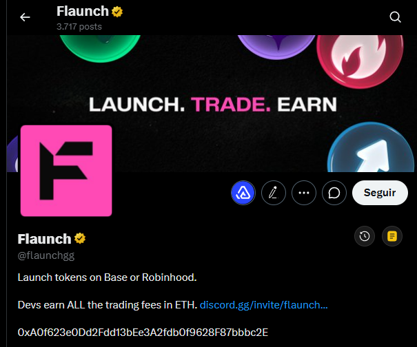 The image shows the Instagram profile page of "Flaunch" (@flaunchgg), a verified account with 3,717 posts, featuring the tagline "LAUNCH. TRADE. EARN" and a description promoting token launches on Base or Robinhood, along with the same contract address (0xA0f623e0Dd2Fdd13beE3A2fdb0f9628F87bbbc2E) mentioned in the post about their new "game mode" program.