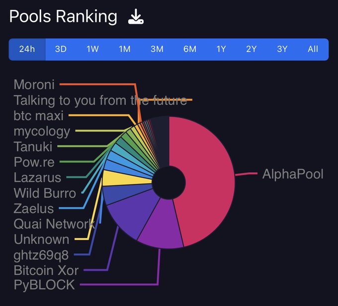 A pie chart titled "Pools Ranking" shows that a single mining pool called "AlphaPool" accounted for roughly half of all blocks mined over the past 24 hours, while smaller pools like Moroni, Talking to you from the future, btc maxi, mycology, Tanuki, Pow.re, Lazarus, Wild Burro, Zaelus, Quai Network, Unknown, ghtz69q8, Bitcoin Xor, and PyBLOCK made up the remaining share—visually illustrating the post's claim that a single miner dominated the Blake2b network's hashrate.