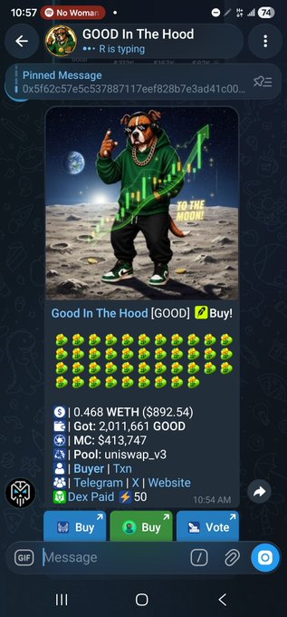A Telegram message screenshot from 'GOOD In The Hood' showing a meme of a dog in a green hoodie on the moon, with text "Good In The Hood [GOOD] ✅ Buy!" along with market stats including price 0.468 WETH ($892.54), Market Cap $413,747, and Pool uniswap-v3.