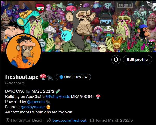 An ApeChain profile screenshot for 'freshout.ape' (@freshout_) showing pixelated ape avatars, with bio text: 'BAYC 6136, MAYC 22272, Building on ApeChain: @PsillyHeads MBA#00642, Powered by @apecoin, Founder @enjoymoxie, All statements & opinions are my own'.