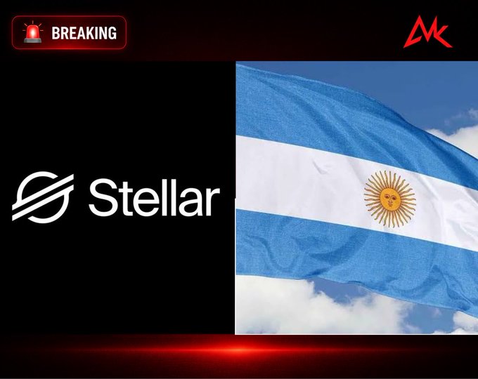 A "BREAKING" news graphic features the Stellar logo alongside the Argentine flag, illustrating Stellar's seamless one-step settlement of USDC to Argentine pesos through its native order book without requiring bridge contracts.