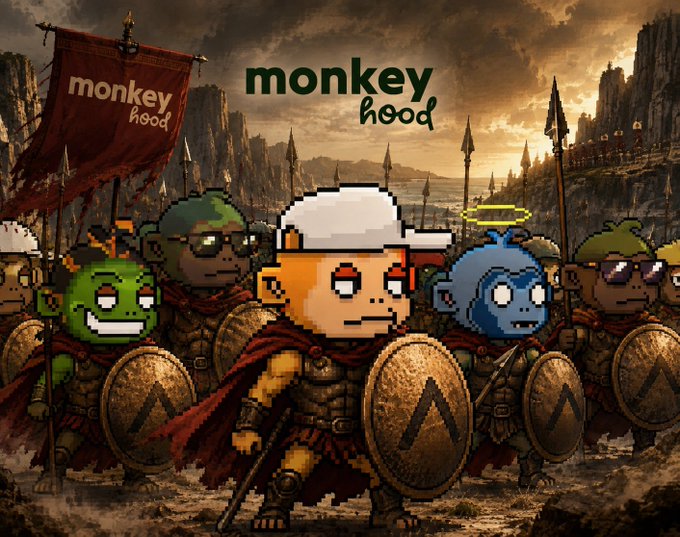 A pixel art illustration shows various monkey characters dressed as Roman soldiers with shields and spears under the text 'monkey hood', with a red banner bearing the same name.