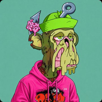 A cartoon illustration of a grotesque zombie-like character with melting skin, an exposed brain, an arrow through its head, wearing a pink hoodie with '24' on it against a teal background.