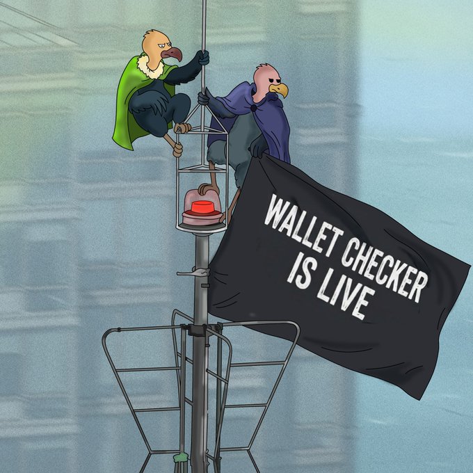 A digital illustration shows two vultures in superhero-style capes perched on a radio antenna beside a black flag reading "WALLET CHECKER IS LIVE," symbolizing the launch of the Nutsy's NFT mint checker on OpenSea at a supply of 1,234 and a price of .001 ETH on July 13, 2026.