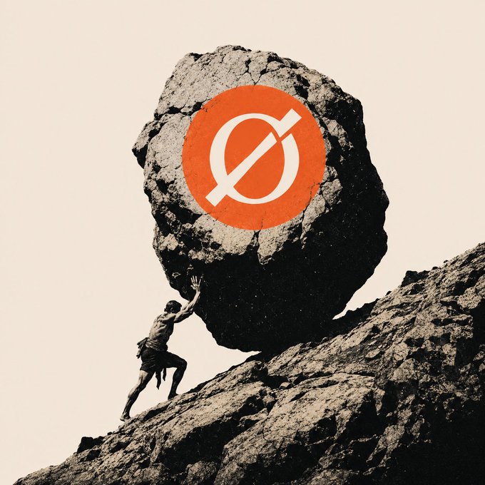 A figure pushes a massive boulder uphill, marked with the orange OAR logo, symbolizing the uphill effort of building a growing ecosystem.

The image visually reinforces the post's message of steady progress: just as the lone figure strains to push the heavy rock upward, the OAR team is pushing forward on multiple fronts—now serving 86 holders, a Discord community of 323, 4 shipped products, and 5 active builders after its first week.