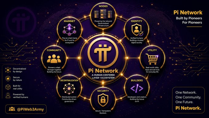 An infographic for Pi Network titled 'Pi Network: A Human-Centered Layer 1 Ecosystem,' showcasing its components like Mainnet, Nodes, Identity, Utility, Builders, Security, Decentralization, and Community, with the tagline 'One Network. One Community. One Future.' and handle @PiWeb3Army.
