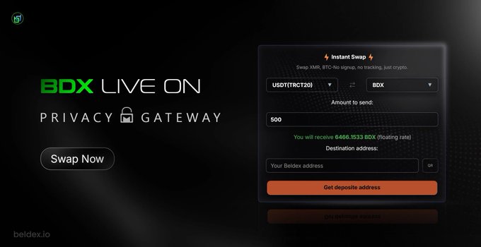 A Beldex.io promotional image for 'BDX LIVE ON PRIVACY GATEWAY' showing an Instant Swap interface for trading USDT(TRC20) to BDX.