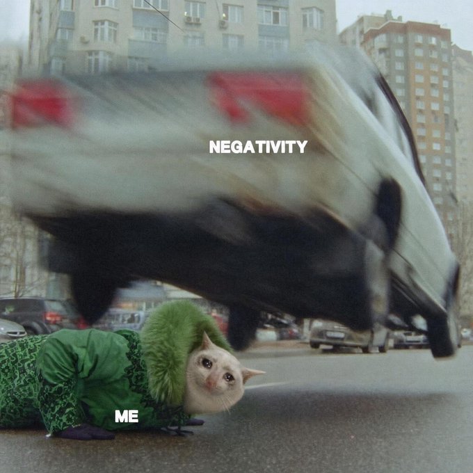 A meme showing a car labeled 'NEGATIVITY' about to hit a cat in a green coat labeled 'ME' lying on the road.