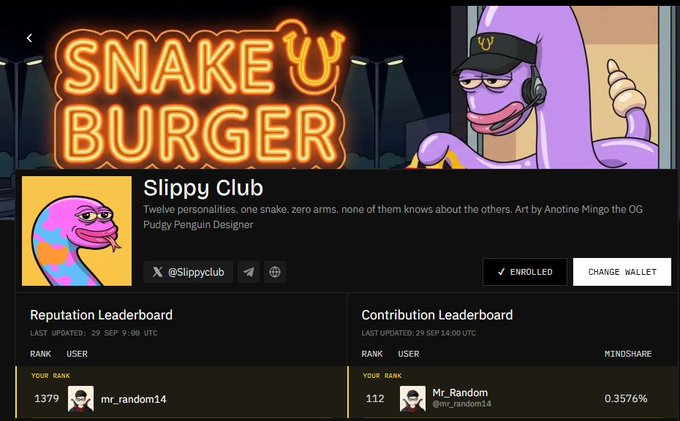 A webpage for 'SNAKE U BURGER' and 'Slippy Club' showing an art description and leaderboards where 'mr_random14' is ranked 1379 in reputation and 112 in contribution.