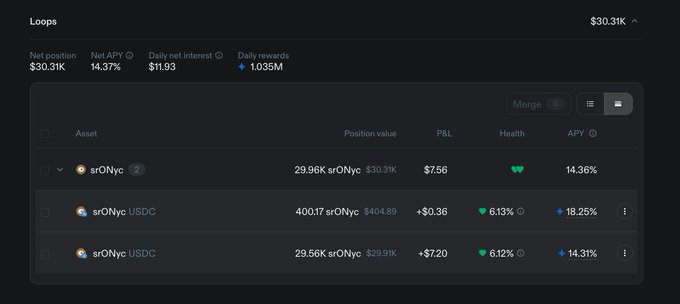A dark-themed cryptocurrency dashboard interface titled 'Loops' showing a 'Net position' of '$30.31K', 'Net APY' of '14.37%', and 'Daily rewards' of '+ 1.035M', listing staking positions for srONyc assets with various health and APY metrics.