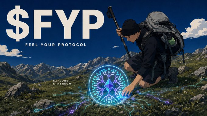 A promotional graphic for '$FYP - Feel Your Protocol' featuring an anime-style character with a backpack in a mountainous landscape touching a glowing Ethereum symbol.