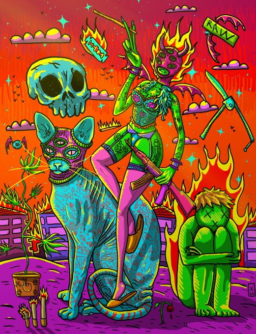 A vibrant, psychedelic illustration featuring a green-skinned horned woman riding a blue cat, accompanied by a green creature on fire, set against a red background with skulls, flames, and various surreal elements.