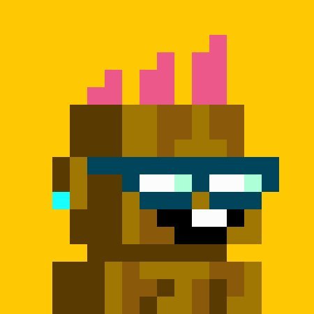 A pixel art character resembling a raccoon or brown creature with cyan sunglasses and pink hair or accessories is set against a solid yellow background.