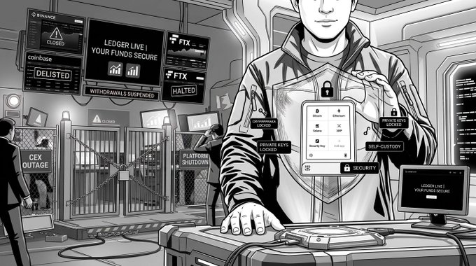 A detailed black-and-white comic-style illustration depicting a man operating a secure crypto console, with background screens displaying 'BINANCE CLOSED,' 'coinbase DELISTED,' 'FTX HALTED,' 'CEX OUTAGE,' and 'LEDGER LIVE | YOUR FUNDS SECURE,' while the foreground console shows options for 'Bitcoin,' 'Ethereum,' 'PRIVATE KEYS LOCKED,' and 'SELF-CUSTODY.'