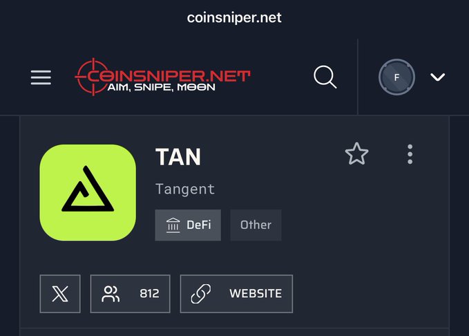 A CoinSniper.net profile page for the cryptocurrency 'TAN' (Tangent) categorized under DeFi, with a green triangle logo, 812 followers, and 812 X followers.