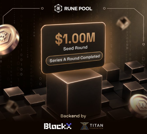 The image is a sleek gold-and-black promotional graphic for Rune Pool announcing a $1.00M Seed Round with a "Series A Round Completed" badge, supported by Block and Titan Foundation. It visually reinforces the post's point about Rune Pool as a capital coordination layer by highlighting its successful fundraising milestones, suggesting the project has the backing to make on-chain Bitcoin liquidity more flexible and accessible.