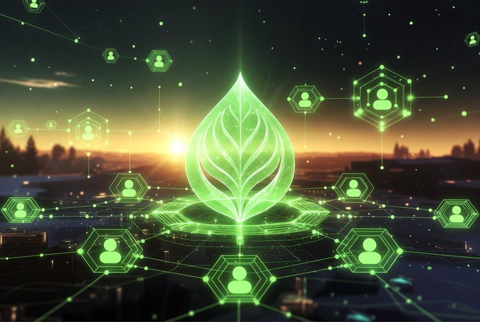 A glowing green digital leaf floats above a sunset cityscape, surrounded by hexagonal network nodes containing user icons connected by luminous lines.