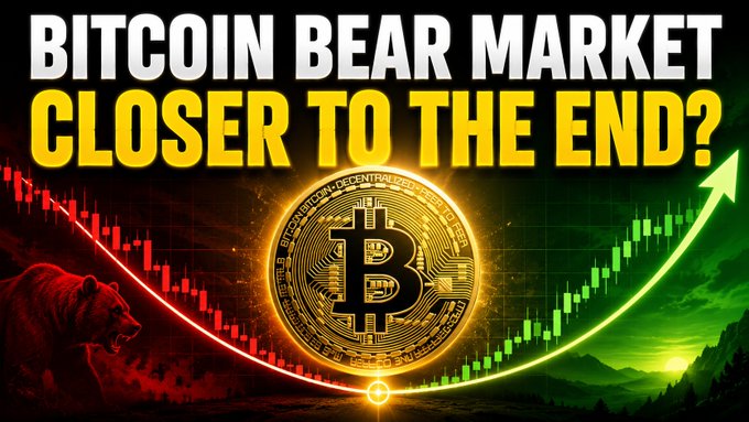 The image features a Bitcoin-themed graphic with the bold headline "BITCOIN BEAR MARKET CLOSER TO THE END?" alongside a central golden Bitcoin coin, a red bear representing the bear market on the left, and a green upward arrow indicating a potential bull reversal on the right—visually reinforcing the post's claim that Bitcoin's bearish phase may be nearing its end based on historical and technical analysis patterns.